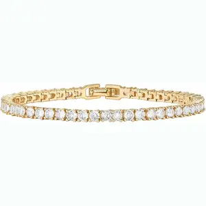 14K Gold Plated 3mm Cubic Zirconia Classic Tennis Bracelet - Hypoallergenic Gold Bracelets for Women - Size 7.5 Inch - Simulated Diamond Tennis Bracelets