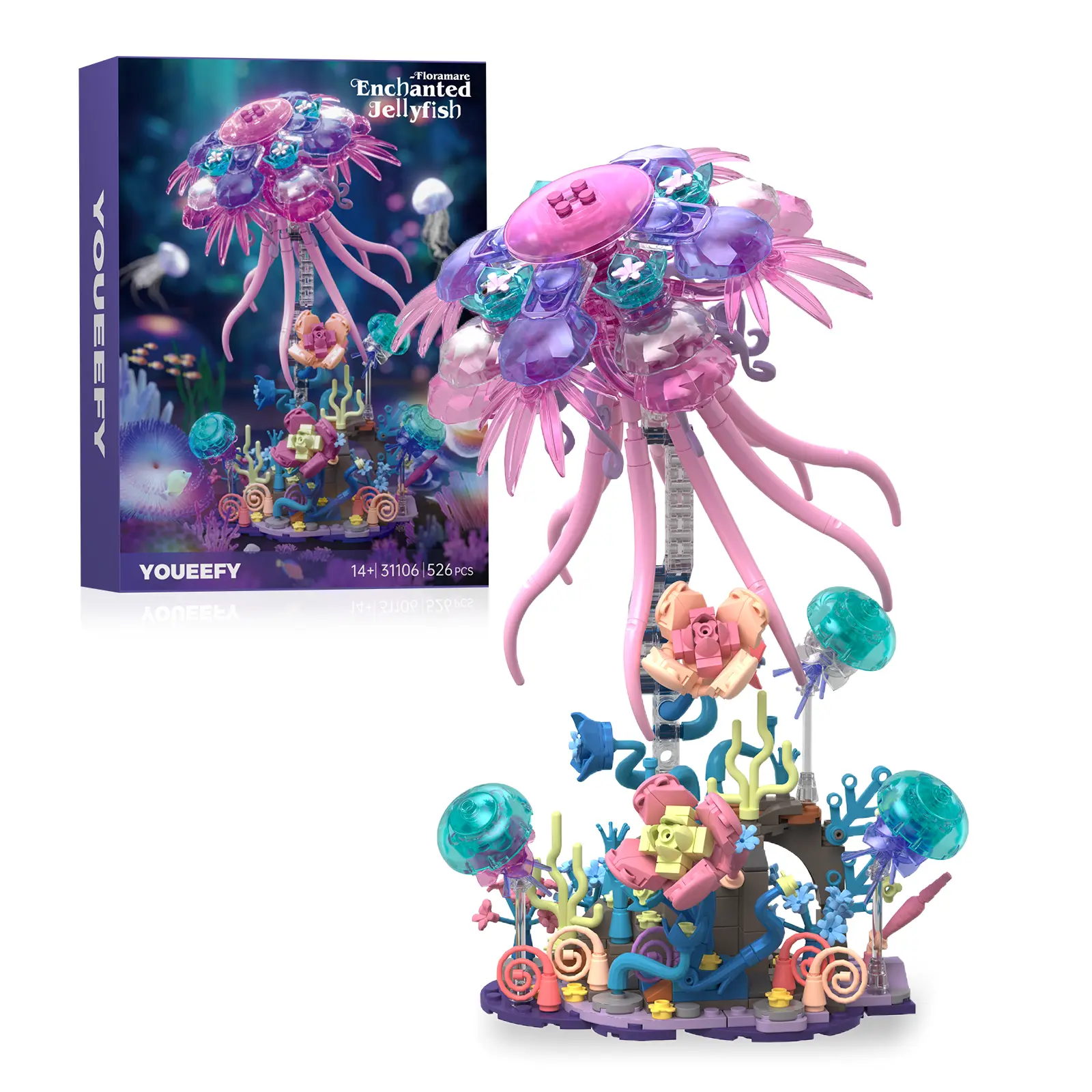 Jellyfish Building Block Set, Floating Jellyfish for Home Decor, Ocean Animal Collection Model with Coral & Seaweed, Creative Display Gift for Adults, Teens 14+