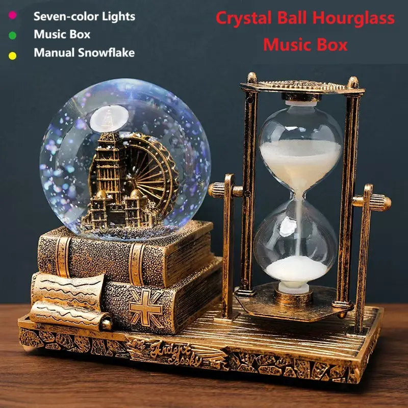 Magical Crystal Ball Hourglass Music Box with Vintage Copper Design, 7-Color Lights, Manual Snowflake Feature, 16x8x13cm Whimsical Room Decor Ornament for Home Decoration Items Gift