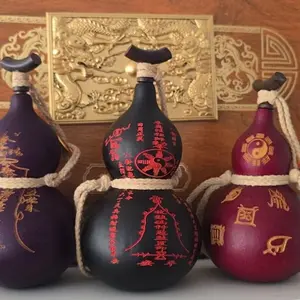 Chinese Taoist natural opening gourd hand-carved crape myrtle five thunder pendant feng shui beeswax wine pot cinnabar town house to attract wealth and peace (for town house decoration)
