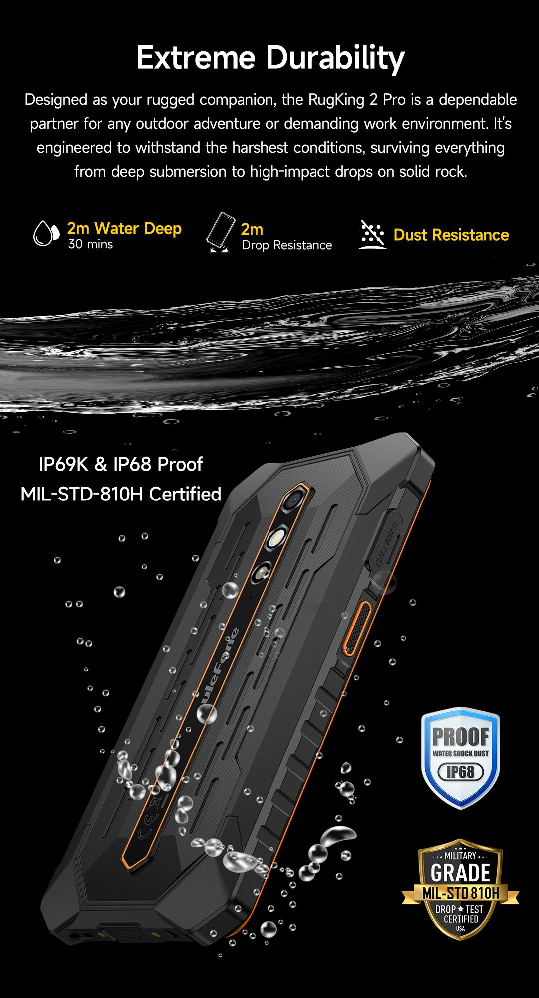 Ulefone RugKing 2 Pro Rugged Phone, 8(4+4) GB+128GB Octa-Core, 4500mAh, Android 15 Waterproof Phone, 5.45" HD+ Corning Gorilla Screen, 13MP+5MP Camera, Dock Charging, Al Assistant(Gemini), Orange