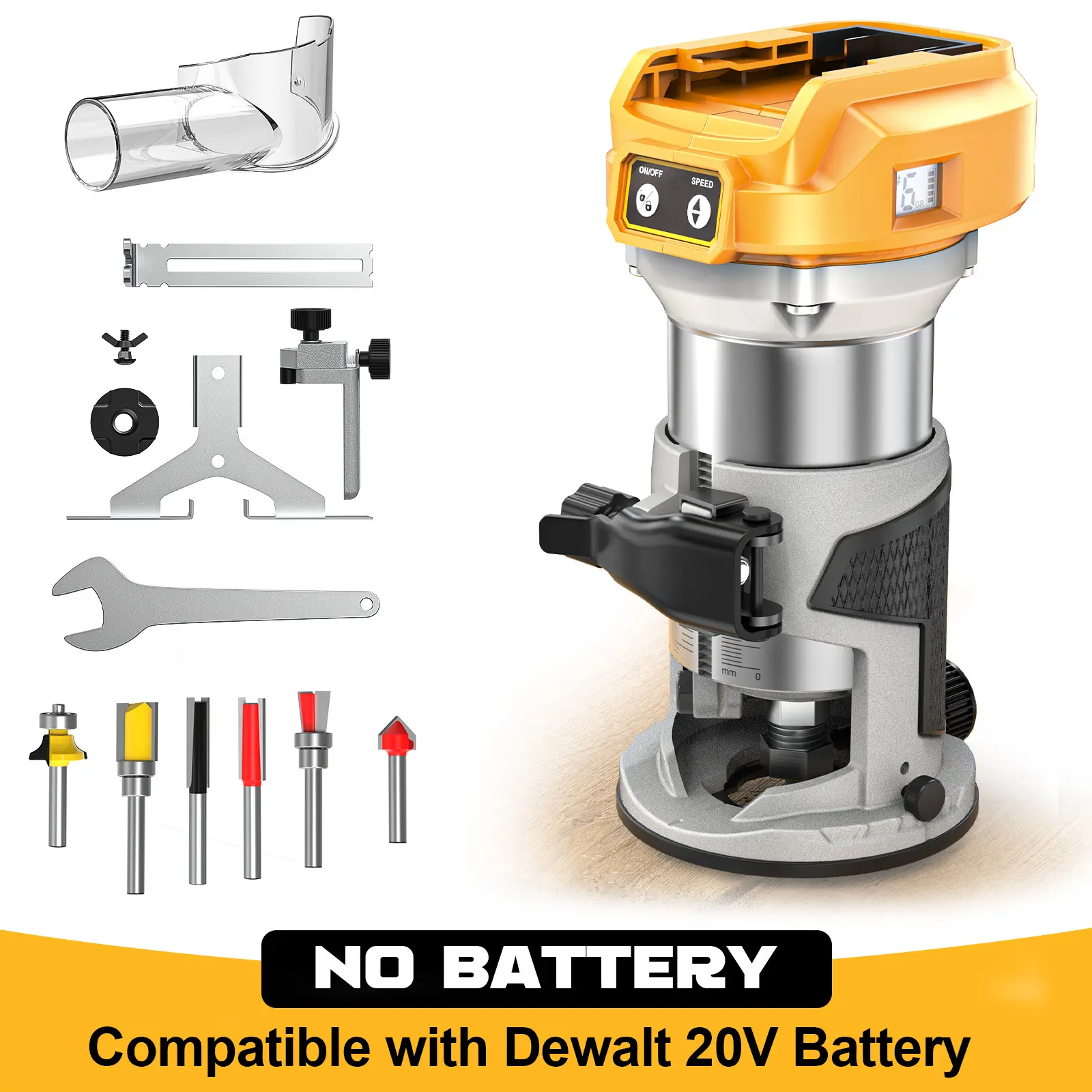 800W Cordless Compact Router for DeWalt 20V Battery, Battery NOT Included, 6 Variable Speeds Router Tool for Woodworking, 30,000 RPM Fixed Base Wood Router with Trim Router Bits, Edge & Roller Guide, Dust Hood