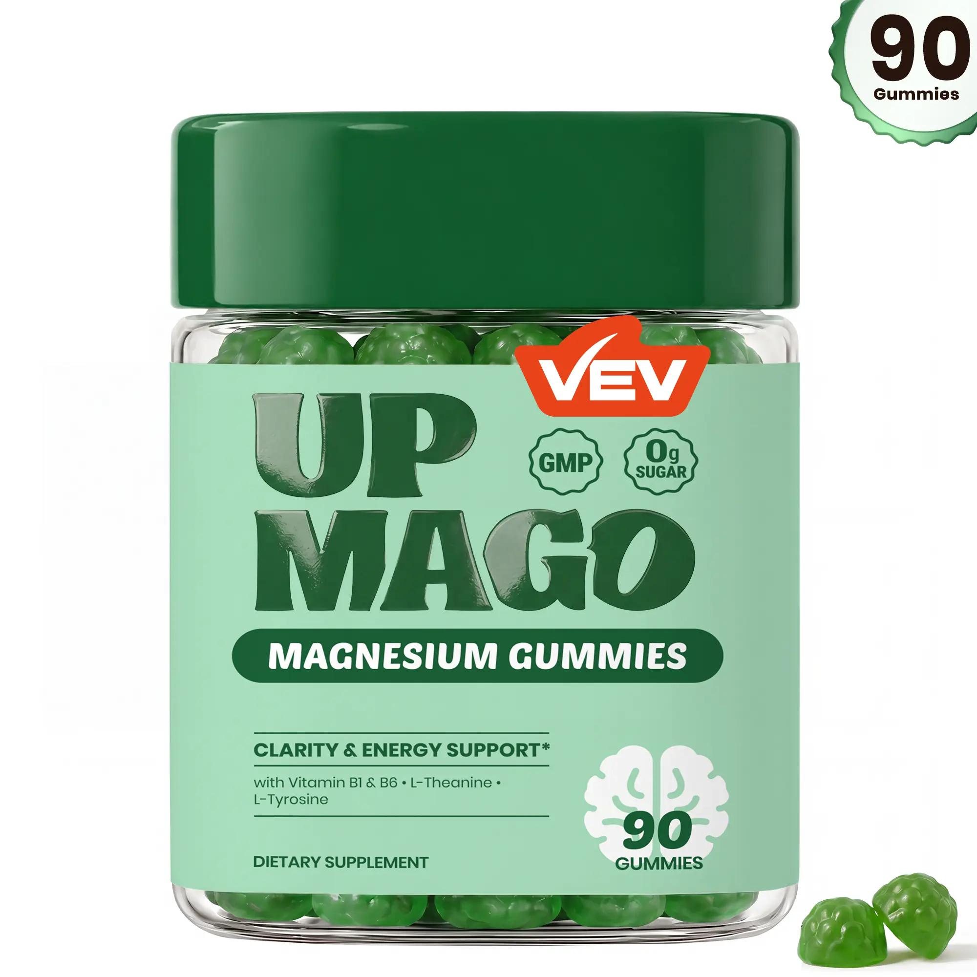 VEV UPMAGO Sugar-Free Magnesium Malate Gummy Edible Dietary Supplements with L-Theanine Calm, L-Tyrosine Boost, B1+B6 Support, B-Vitamins - 90ct, 0g Sugar, Vegan Chewable Supplements