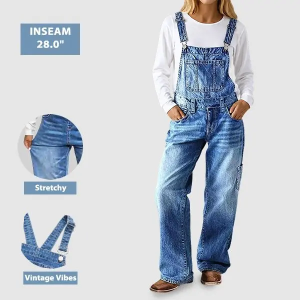 Flamingals Wash Multi Pocket Mid Waist Straight Leg Overalls Womenswear Casual Denim Fit Everyday