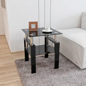 1-Piece Glass Side Table, Small 2-Tier End Table with Tempered Glass Top and Metal Legs, Clear Small Corner Table for Living Room, Bedroom, Apartment