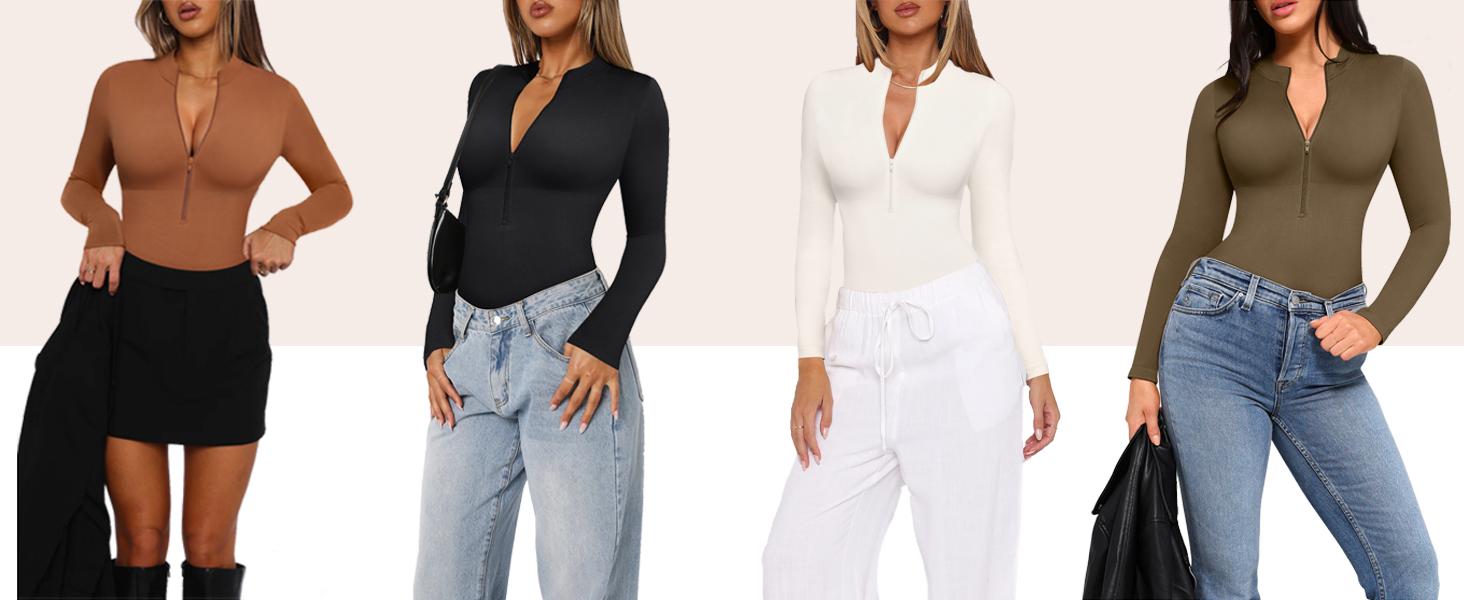 FeelinGirl Long Sleeve Bodysuit for Women Mock Turtle Neck Body Suits Zip Up Design Black Tummy Control Bodysuit Shirts fall   Womenswear Collar Fabric Nylon