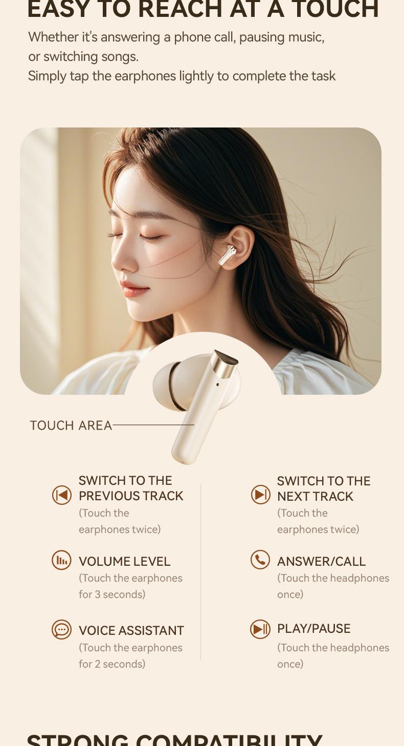 acer OHR508 Wireless Stereo Earbuds, In-Ear Noise-Canceling Earphones, Extra Long Battery Life, Universal Fit for Men and Women, Comfortable Wear, Noise Isolation Headphones, HIFI Sound Quality Music Headset Beige Audio Electronic