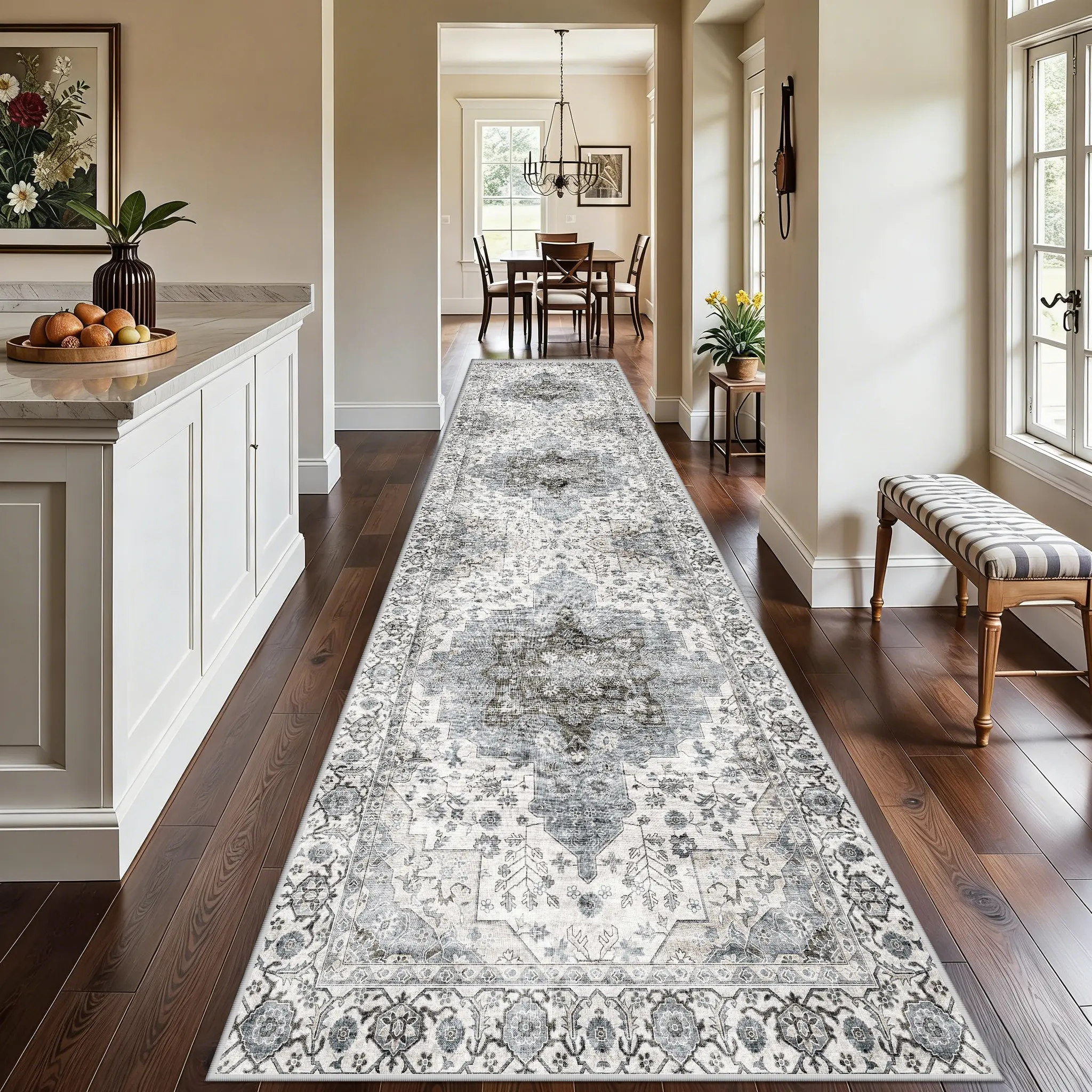 Vintage Persian Printed Runner Rug (2'x10.6') - Retro Look Anti-Slip Durable Woven Textured Washable Thin Rug, Indoor Use for Hallways/Kitchens, Versatile Sizes Available, Hardwood Floor Runners, Heritage Style Runners