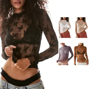 Lace Tops for Women Mesh Long Sleeve Top Mock Neck Sheer Blouse Sexy See Through Shirts