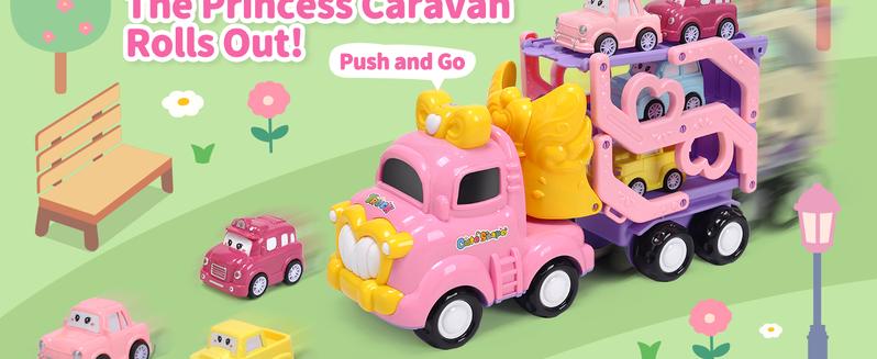 Cute Stone Princess Truck Toys Set with 31.5 in Extra Long Track Slide 3 Layer Foldable Transport Carrier Vehicle Light & Sound for Little Girls, Valentine's Day gift
