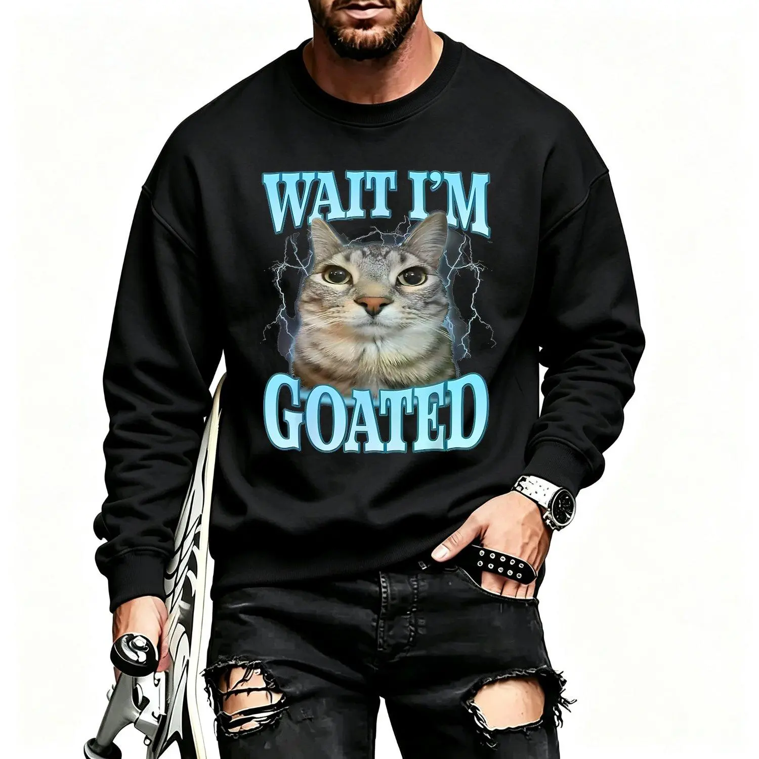 Men's Sports Sweatshirt Funny Cat Meme "Wait I'm Goated" Silly Saying Graphic Crewneck Long Sleeve Athletic Top Casual  Pullover Hoodie