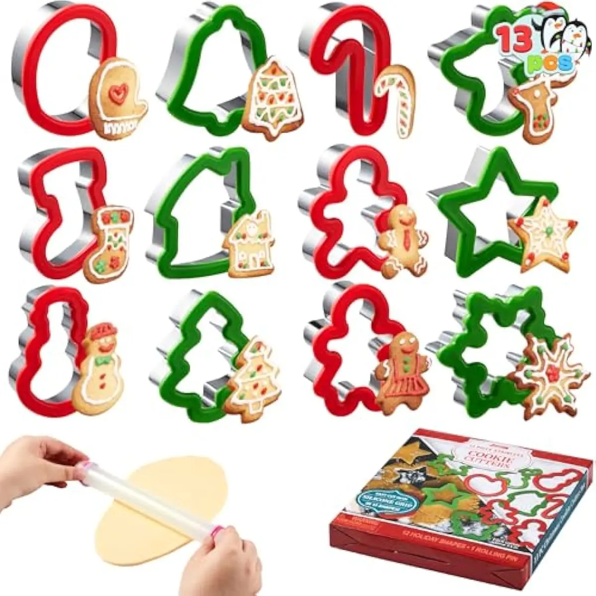 13 PCS Christmas Cookie Cutters in Stainless Steel with 3.5í plus Grip and a Rolling Pin for Xmas Holiday Party Baking Supplies, Snowflake, Gingerbread Cookies Mold and Baking Gift