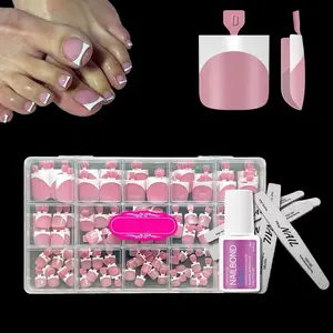 Toe Nail Press Ons, French Tips Toe Press On Nails, 150pcs Square Pre-Designed Soft Gel Thick False Toenail Extension, Berry Pink Full Cover Acrylic for DIY 15 Sizes