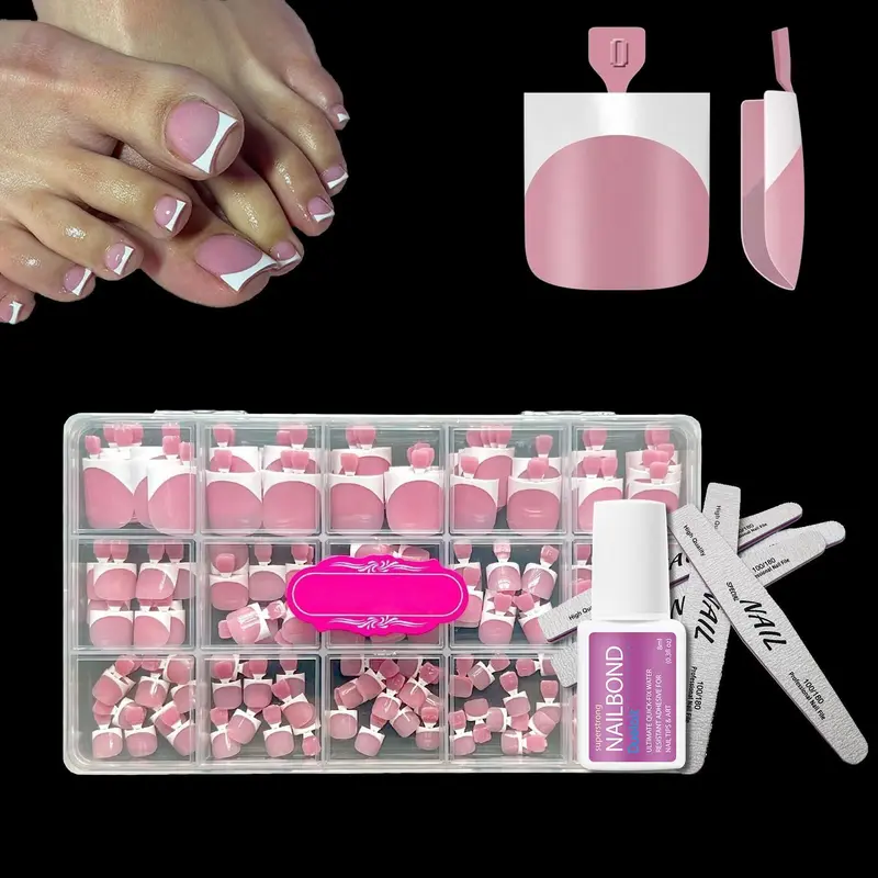 Toe Nail Press Ons, French Tips Toe Press On Nails, 150pcs Square Pre-Designed Soft Gel Thick False Toenail Extension, Berry Pink Full Cover Acrylic for DIY 15 Sizes