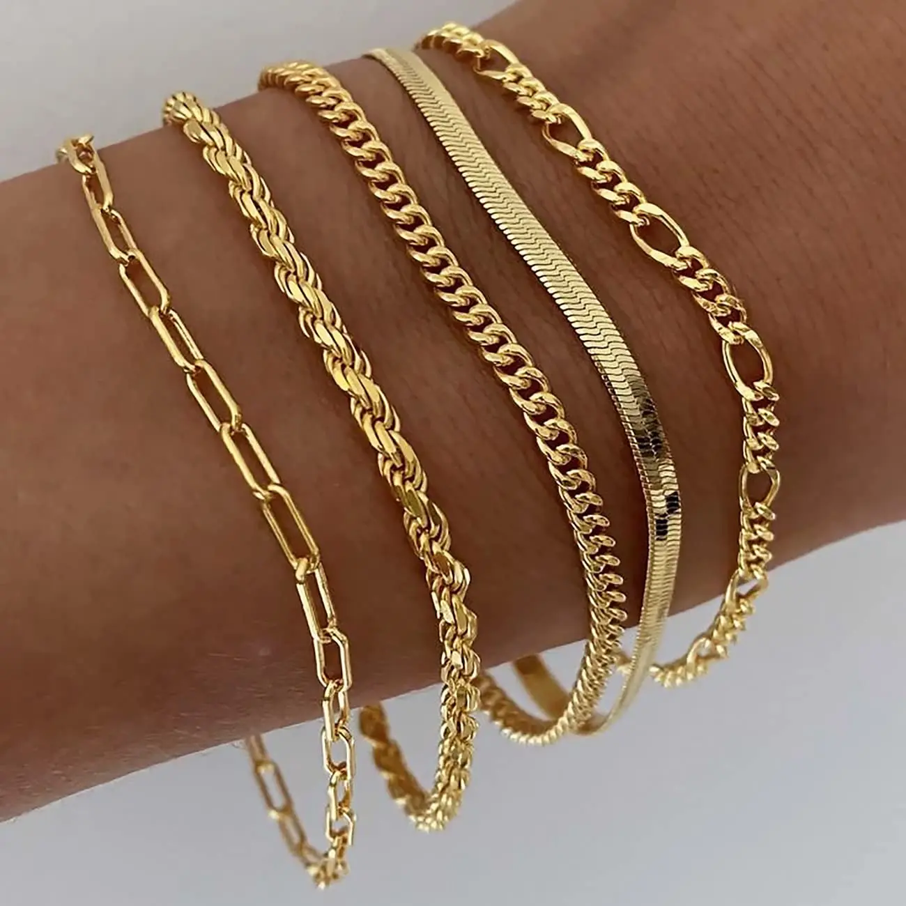 TEWIKY 5-Piece Gold Aesthetic Bracelet Set for Women, Dainty Stacking Chains with Paperclip, Cuban Link & Greenish Beads, Adjustable 6.5 Inch for All Seasons, 6.5 Inches, Casual, Daily, Elegant, Female, Metal Coating, Precise Fit, Bracelets, Jewelry Stack