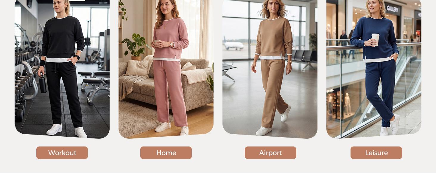 Fisoew Women's 2 Piece Set Fake Layering Crewneck Fleece Long-Sleeve Sweatshirt & Drawstring Medium Length Cropped Jogger Pants, Machine Wash Matching Loungewear Set, Women's Loungewear Sets Clothes Clothes Chic Lightweight