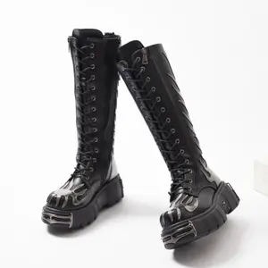 Flame Designer Metal Decoration Knight Boots Women Thick Heel Platform Motorcycle Boots Spice Girl Runway Long Boots Gothic Lady