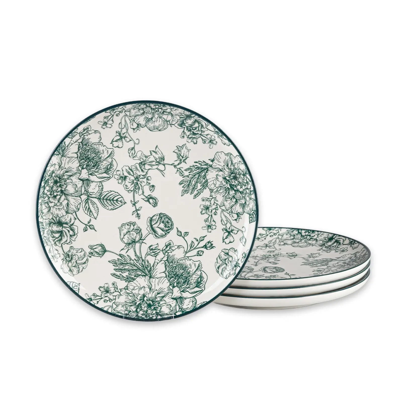 Vintage Green Rose Ceramic Dinner Plates, Set of 4, 10-Inch Large Serving Plates, Dining Plate Set, for Kitchen, Microwave, Oven & Dishwasher Safe Tableware, Dinnerware