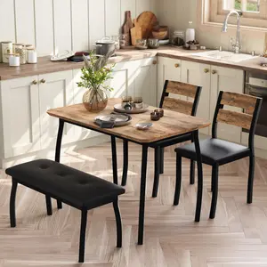 Dining Table Set for 4, 5 Piece Metal Frame Kitchen Table and Chair Set, Chamfer Design Space-Saving Dining Room Furniture for Small Spaces, Brown