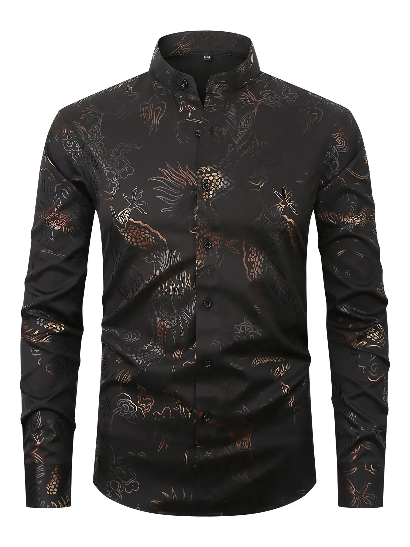 Men’s Mandarin Collar Dragon Print Long Sleeve Shirt, Chinese Style Casual Button‑Down Top