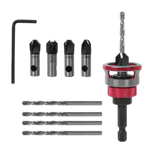 4PCS Countersink Drill Bit Set with Adjustable Depth Stop - Pro Woodworking Tools for DIY Furniture, No-Scratch Rubber Ring, HSS 4-Blade Tapered Bits with Hex Shank & Wrench
