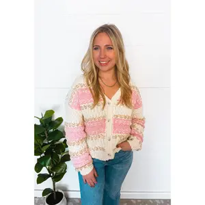 Soft Season Textured Knit Button Cardigan - Ivory/Pink
