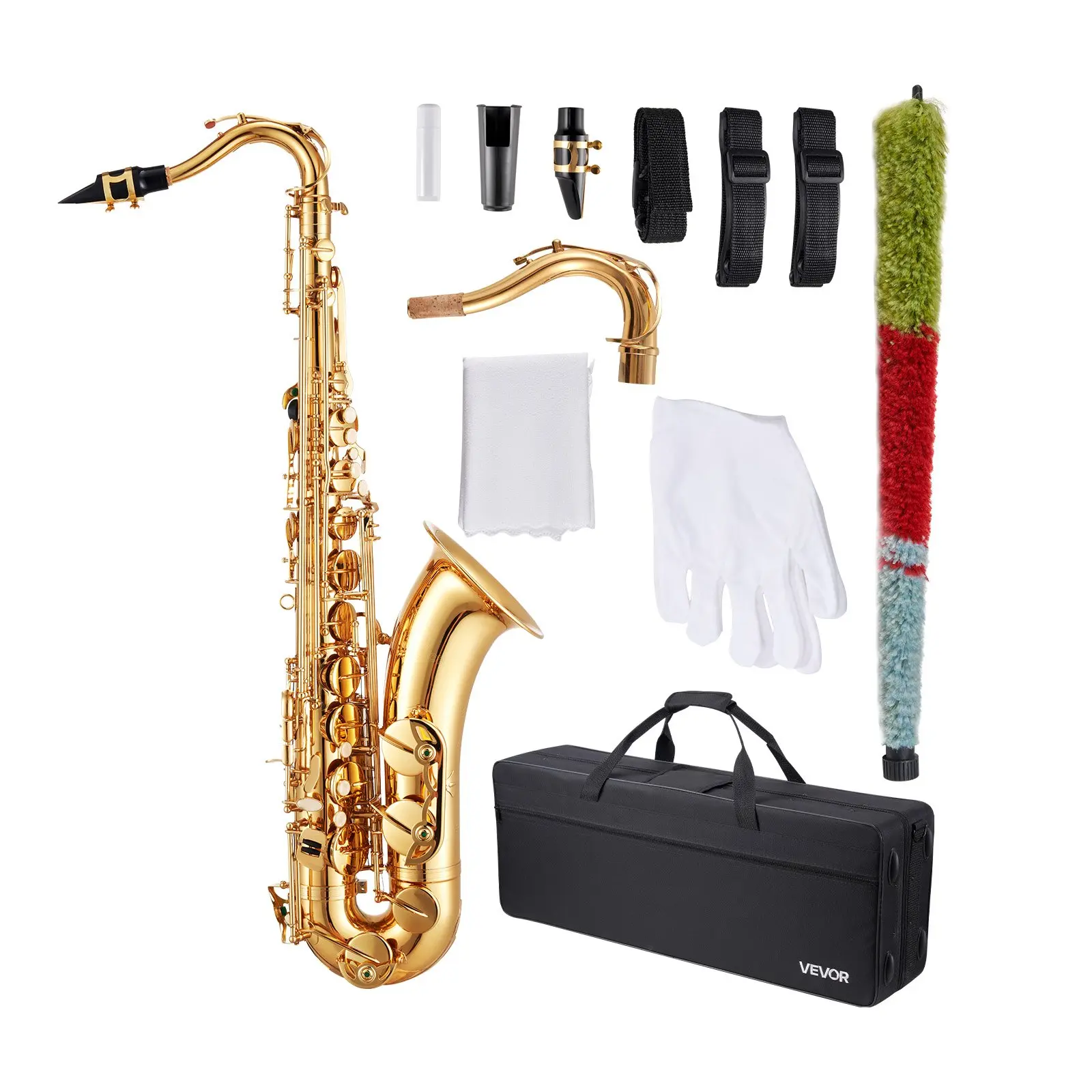VEVOR Unisex B-Flat Tenor Saxophone Kit, Professional Brass 23-Key Saxophone with Electrophoretic Coat, 24-Note Range, Minimal Fading Over Time, Carrying Case, Mouthpiece, Straps, Cleaning Cloth, Gloves, Neck Strap for Musicians of All Levels
