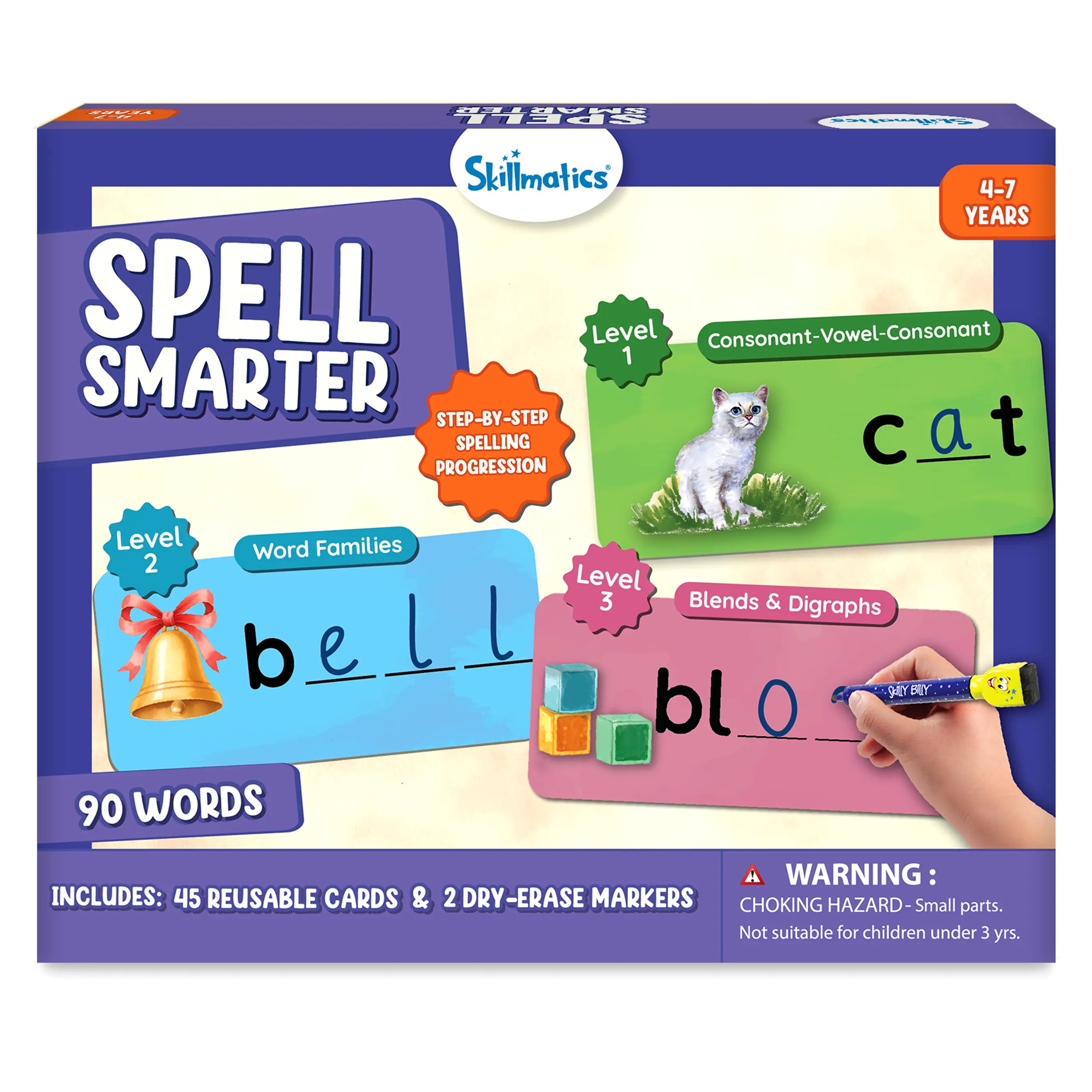 Skillmatics Learning Activity – Spell Smarter, Spelling & Phonics Write & Wipe Cards, Progressive Literacy Practice, Preschool Learning Kit, Educational Gift for Kids Ages 4, 5, 6, 7