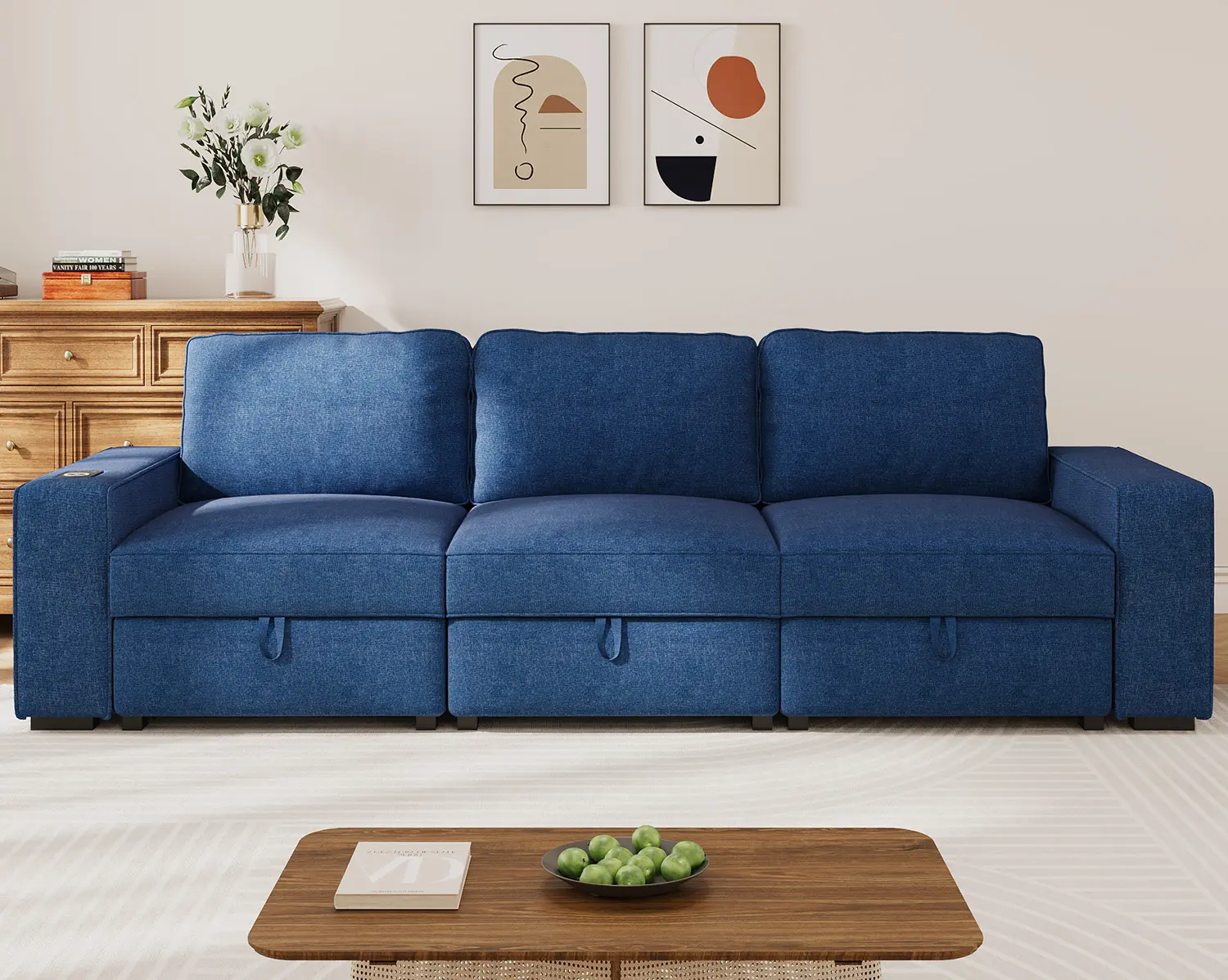 117" Modular Sectional Sofa with Storage Seat，3-Seater Linen Couches with Wireless Charging/USB/Type-C for Living Room, Office, Apartment（Blue）