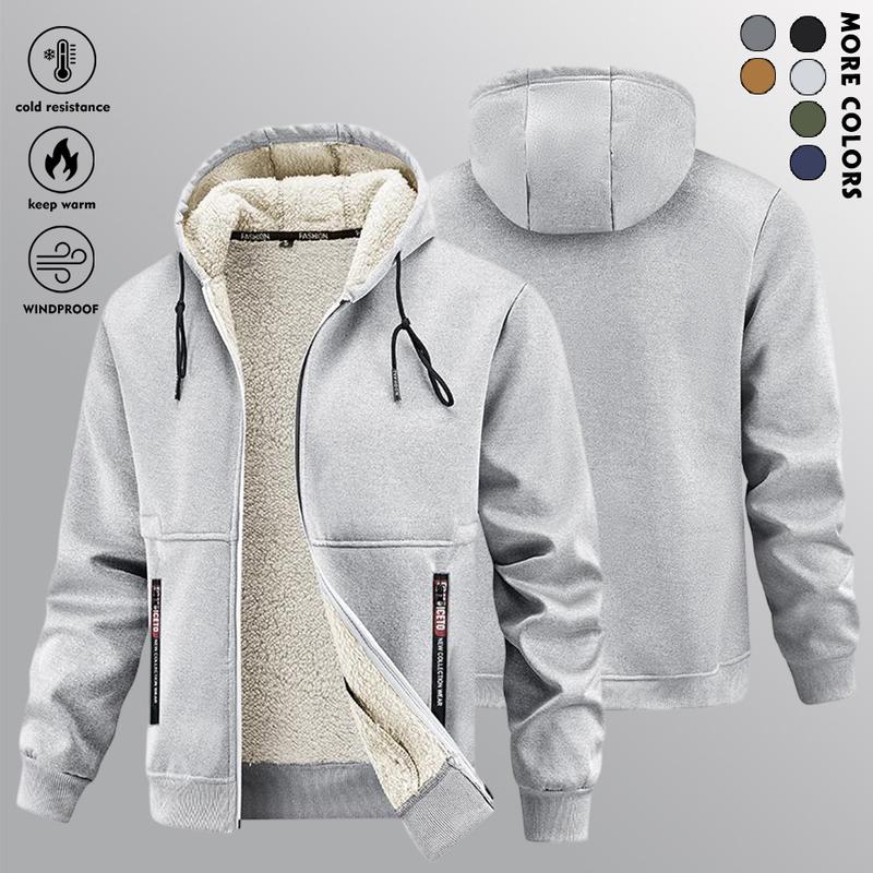 Men's fleece-lined zip-up jacket with hood, warm and cozy for winter weather, featuring pockets and soft fabric, perfect for gym, skiing, outdoor activities - machine washable cold weather apparel Casual