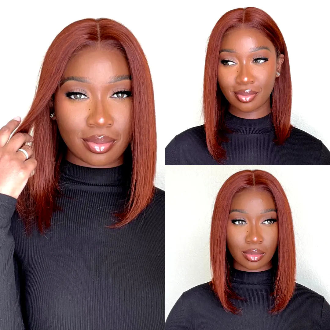 Unice Byebye Knots Reddish Brown Yaki Straight Bob Wig Pre-cut 7x5 HD Lace Human Hair Wig with Pre Plucked Hairline, Natural Looking Wigs, Glueless Lace Wigs