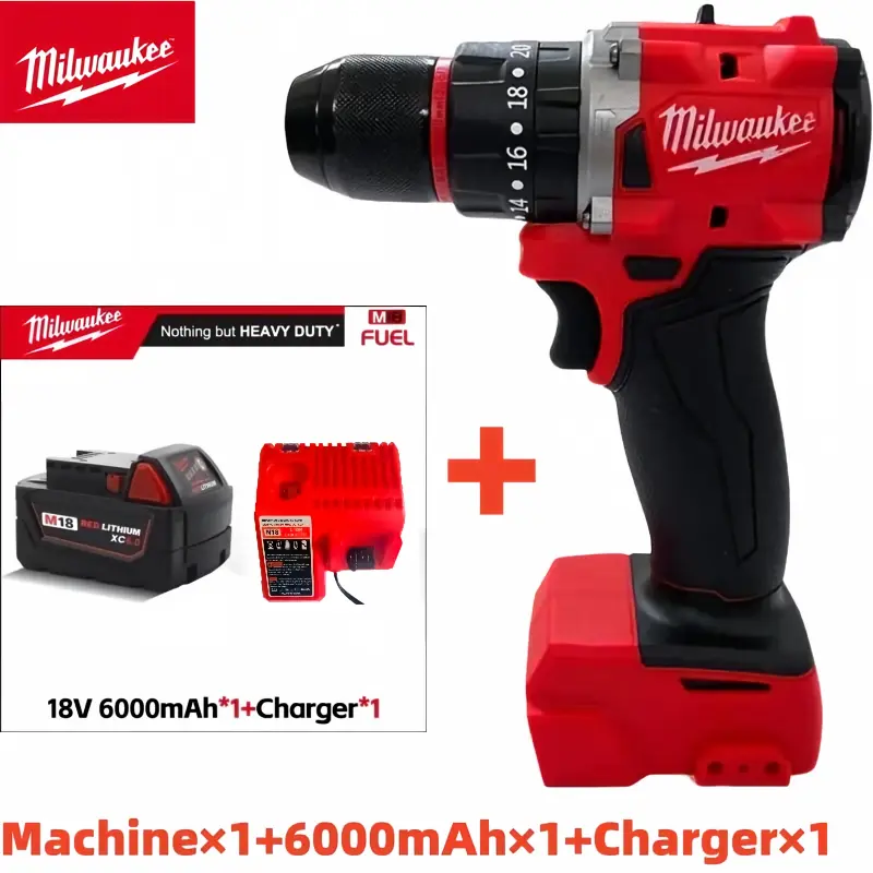 Milwaukee M18 FUEL Brushless Cordless High-Torque Power Drill Full Kit - 18V, 6000mAh Red Lithium Battery & Charger for Wood, Metal Drilling & Screwdriving, Cordless Rechargeable Drill, Diy Power Tools