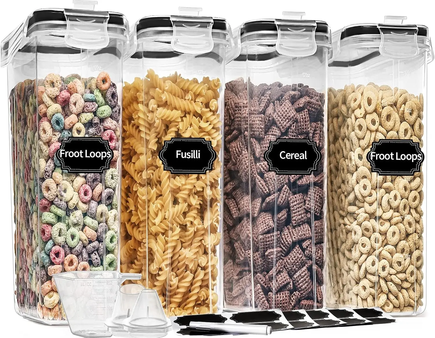Airtight Cereal Storage Containers Set (4PCS, 4L/135.2 Oz) with Airtight Seal, Pour Spout, 20 Labels, Measuring Cup & Marker for Kitchen Pantry Organization