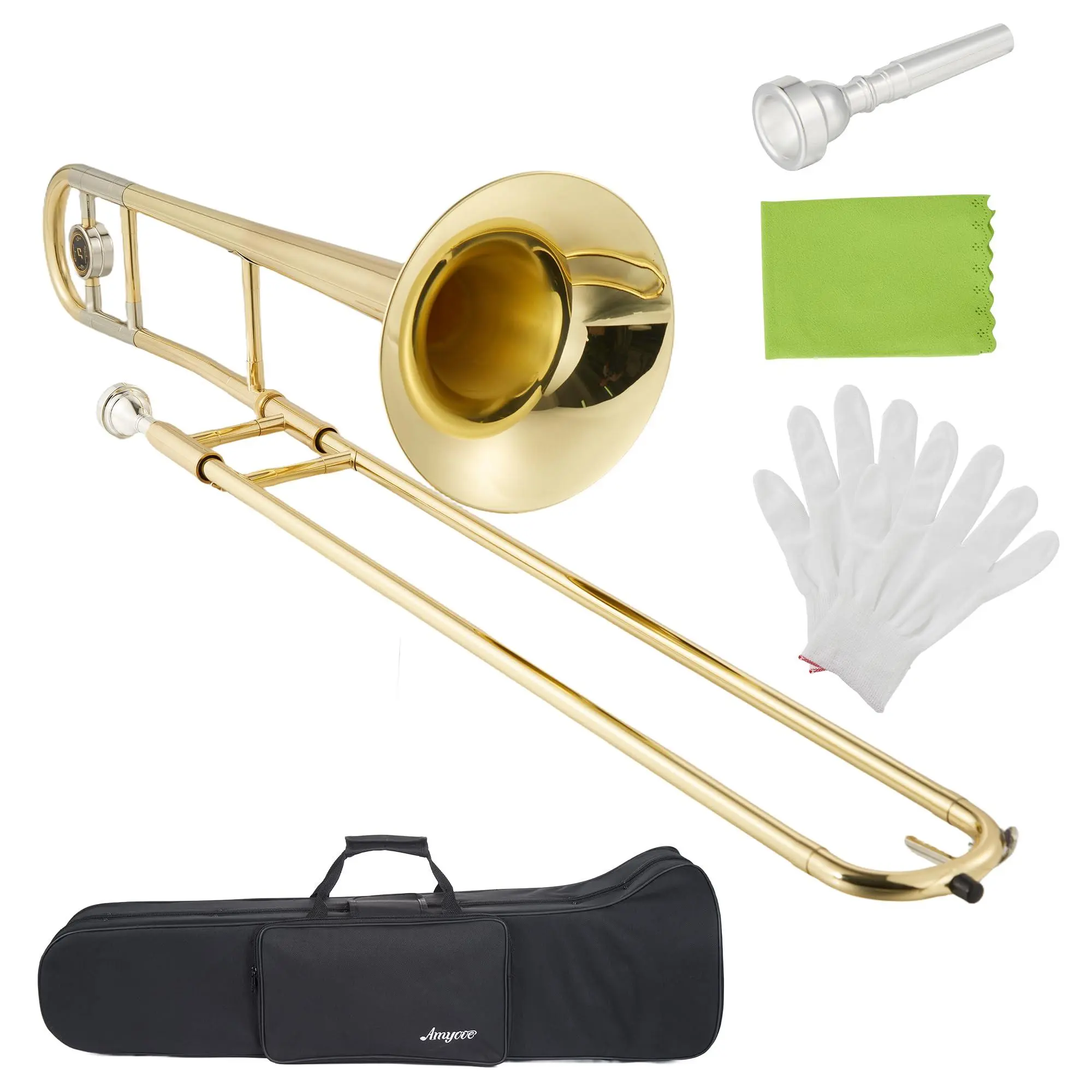Affordable Professional Bb Alto Trombone for Beginners, Gold Lacquer Solid Brass Instrument with Accurate Tone, Penetrating Sound, Hard Case, Mouthpiece, Cloth, Gloves