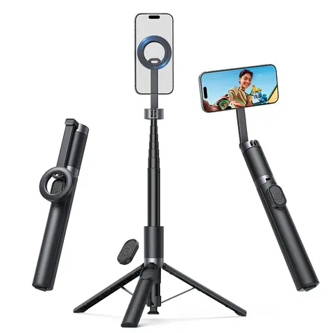 Lamicall 4-in-1 Magnetic MagSafe Quick-Mount Selfie Stick Tripod Stabilizer with Remote - Lightweight Foldable, Auto-Deploying Adjustable Stand, Hands-Free Holder for Cellphone, Mobile, Camera, Non-Magnetic Phones (Use Included Adhesive Ring) Accessories