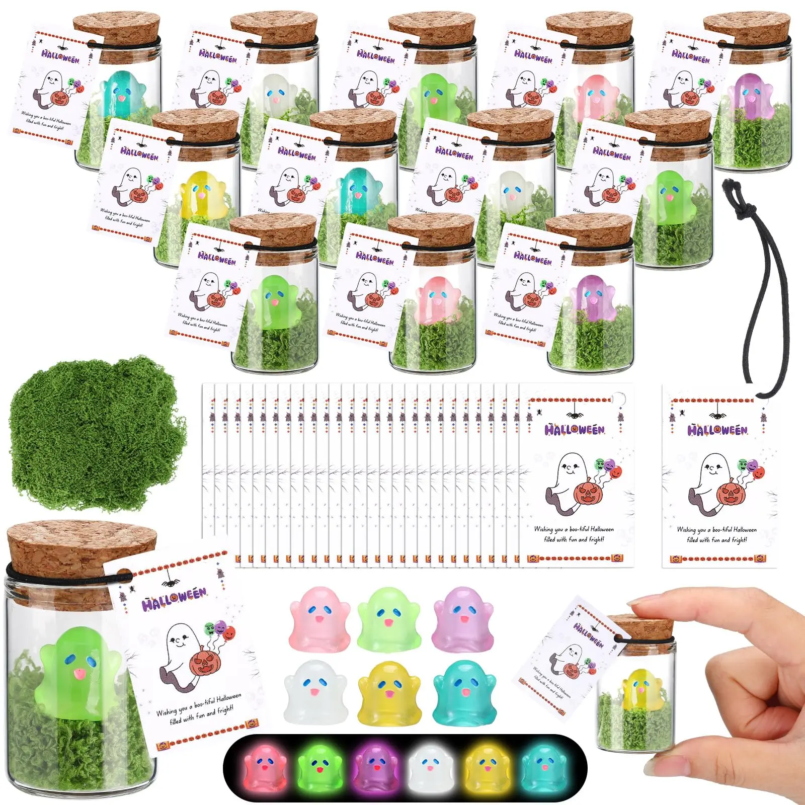 6/10/12/24/30 Sets Halloween Ghost Jar Adopt a Ghost Ghost Glow in The Dark Little Ghost with Cork Moss Card Miniature Bottle Halloween Gifts for Boys Girls Family Coworkers Students Halloween Decorations Party Gifts DIY Craft Cffice Desk Decor Goody Bags