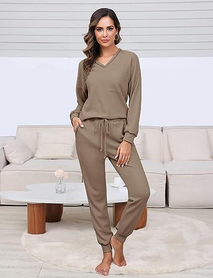 Becotal Womens Two Piece Outfits Lounge Sets Waffle Knit Long Sleeve Pullover Tops and Jogger Sweatpants Tracksuits 2025 Spring Springtok Clothes Womenswear Bottoms Comfy Essential Knitted Loose Basic Camel