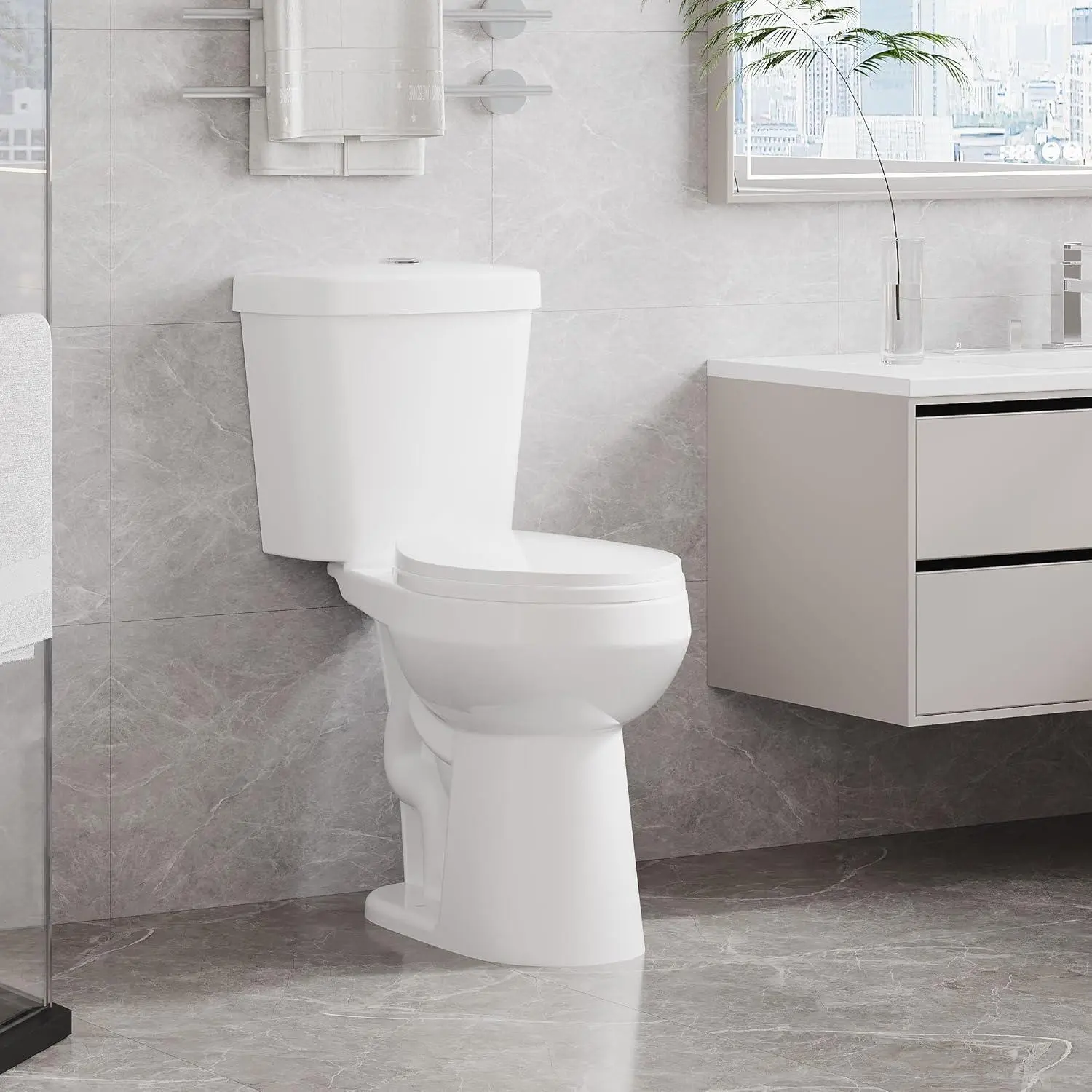 Two-Piece Toilets for Bathrooms, Comfort ADA Toilet with 19" Height, Round with Soft Close Seat, Power Flush 1.28 GPF