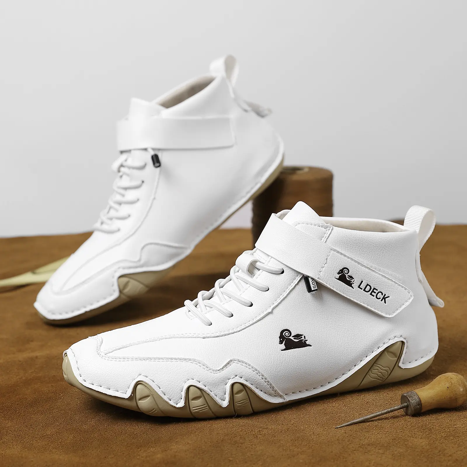 Men's White Leather Mid-Top Steel Toe Boots - Velcro & Lace-Up Closures, Non-Slip Soles, Walking Shoes for Everyday & Street Style Casual Wear