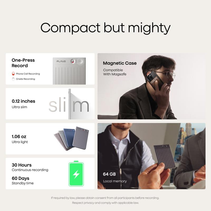 Plaud Note Smart Voice Recorder - One-Press Recording & Playback, 0.117-Inch Slim, 64GB, Voice Changer Translator, Black MagSafe Case - Audio