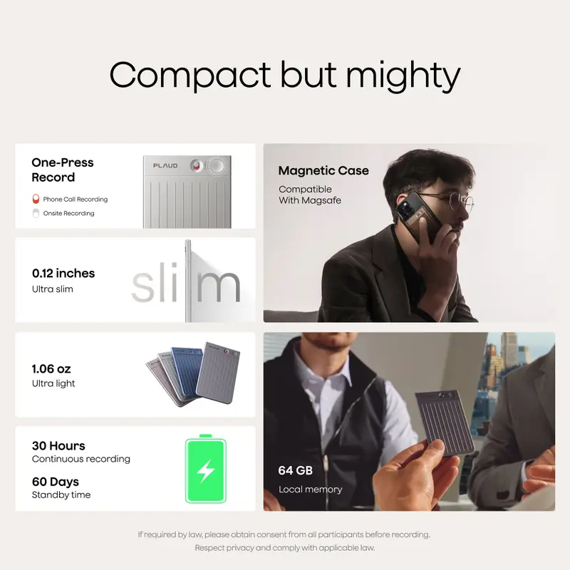 Product Introduction of Plaud Note Smart Voice Recorder - One-Press Recording & Playback, 0.117-Inch Slim, 64GB, Voice Changer Translator, Black MagSafe Case - Audio 1