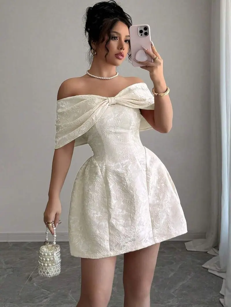 Women's Cute Bow Off Shoulder Jacquard Dress | Waisted Slim FitDress