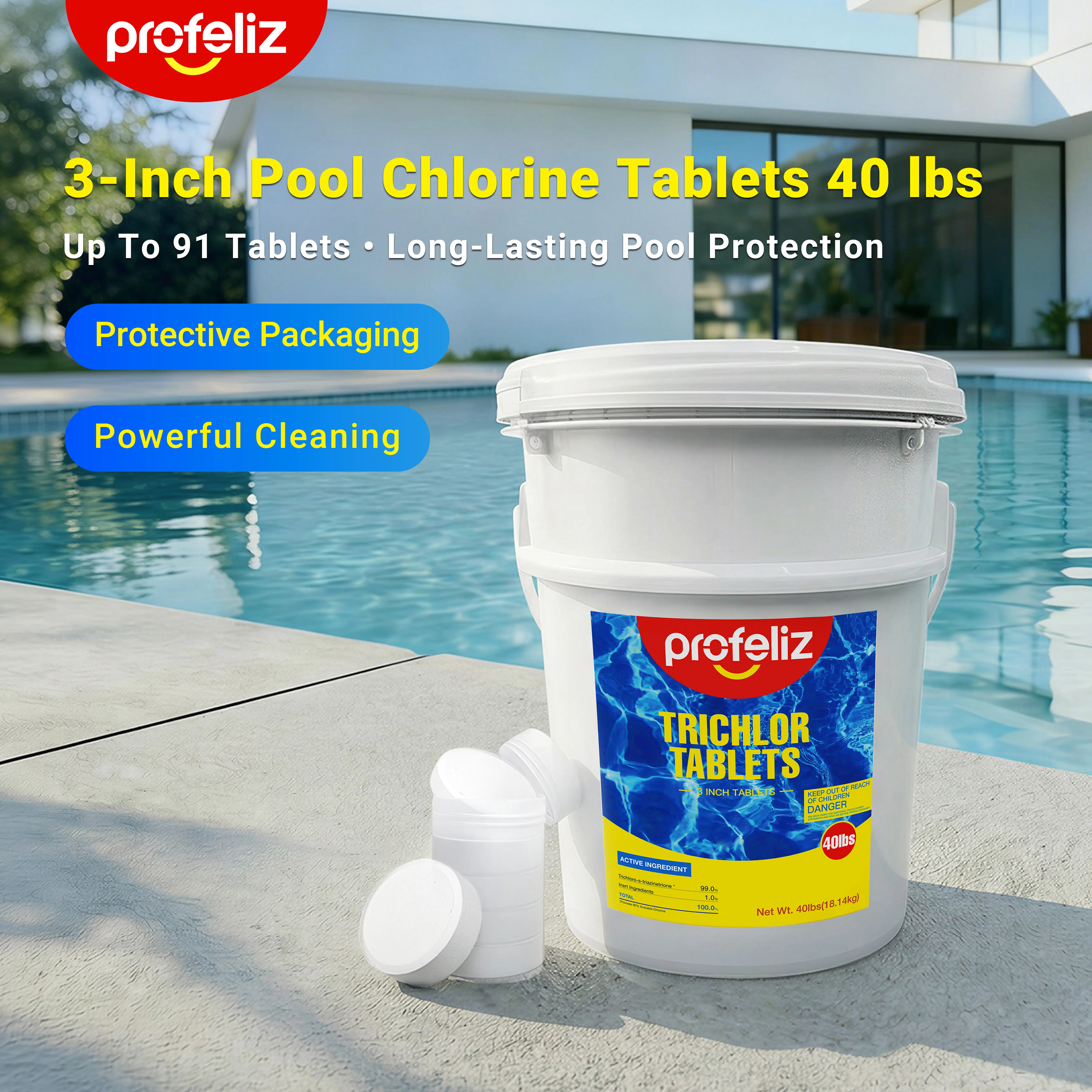 PROFELIZ Chlorine Tablets 3 Inch for Swimming Pools, Kills Bacteria and Stops Algae, Slow Dissolving,Exclusive Protective Packaging,Pool Chlorine Tablets,40lbs