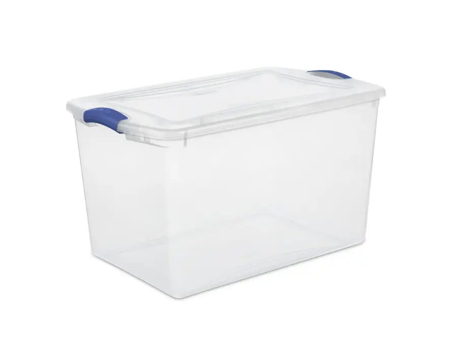 Sterilite 66 Quart Latch Box, Clear Plastic Storage Bin with Lid, Blue Accents, Secure Lid & Stacking Feature for Various Uses