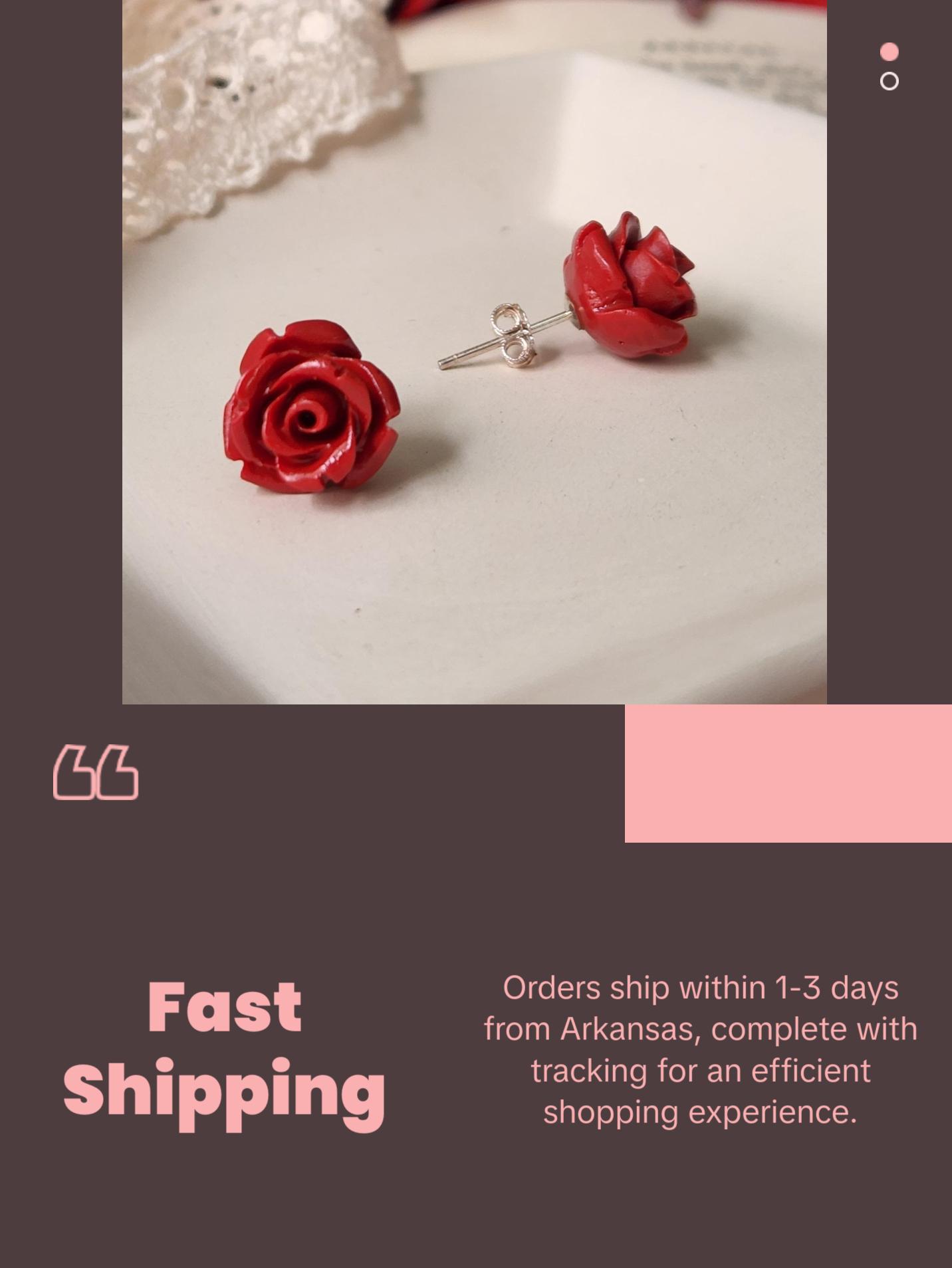 Red Rose Earrings Sterling Silver Cottagecore Studs Red Resin Flower Jewelry