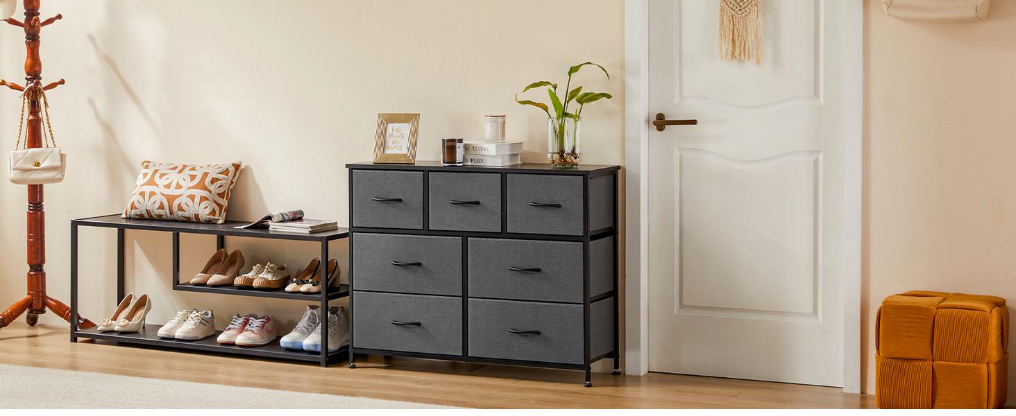 【Deal】Sweetfurniture Dresser for Bedroom, Storage Drawers, TV Stand Fabric Storage Tower with 7 Drawers, Chest of Drawers with Fabric Bins
