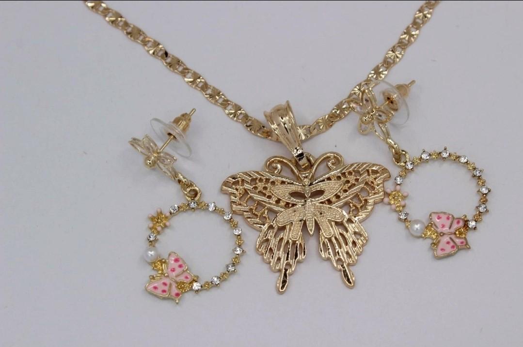 BUTTERFLIES fashion set regular chain style plain with earrings pink Gold-plated