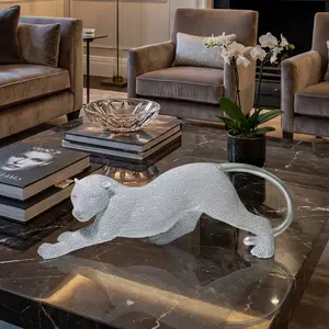 Leopard Statue Home Decor - 15 Inch Silvery Cheetah Figurine & Animal Sculpture for Living Room, Shelf, Office - Handcrafted Beaded Modern Table Centerpiece