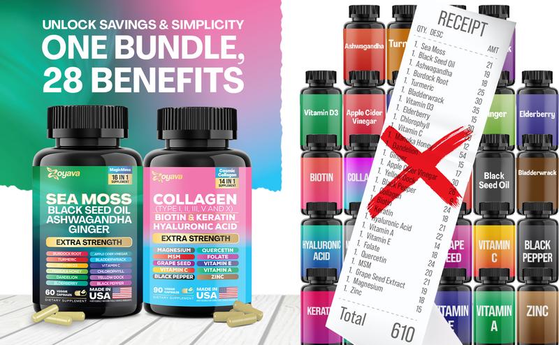 Radiant Wellness Bundle - Zoyava Sea Moss & Collagen Multivitamin Power Duo, All-in-One Supplement with Extra Strength Ingredients - Made in USA