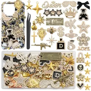 Gold Junk Case Charms Kit, Junk Phone Cases with Big Charm Sparkly Rhinestone Star Cross Jewelry Making Charm Punk Aesthetic Big Decor for Customizing Case DIY Craft
